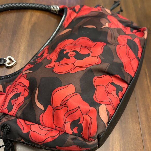 Brighton Jillian Rose Print Nylon Fabric Leather Hobo Bag Red Black - Picture 13 of 16